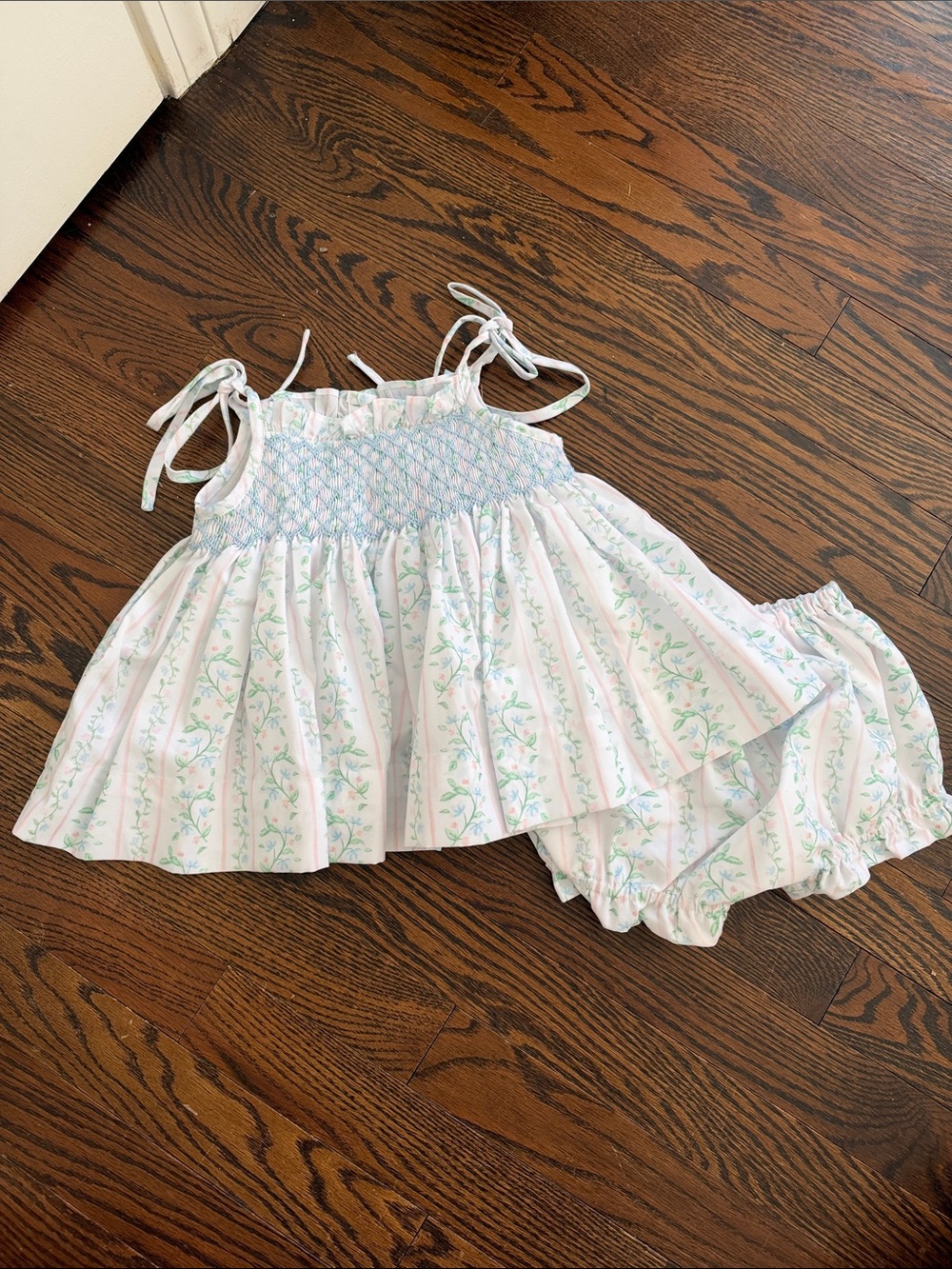 Smocked Floral Stripe Camisole & Bloomers Set - White with Pastel Green
